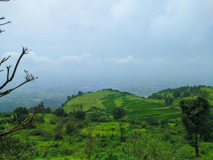 Terraced green hillsides fading into mist above a hazy plain