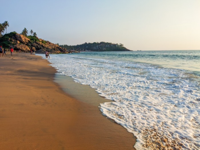 Surf running up an empty curve of sand, palm-covered headland beyond